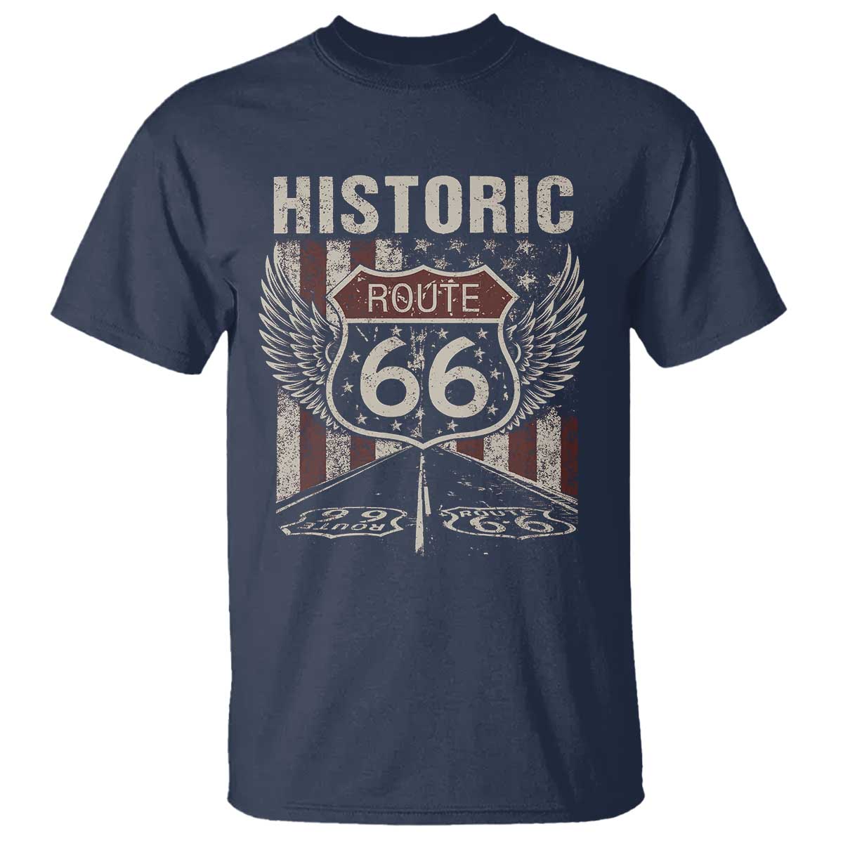 Historic Route Highway 66 T Shirt Vintage American Flag
