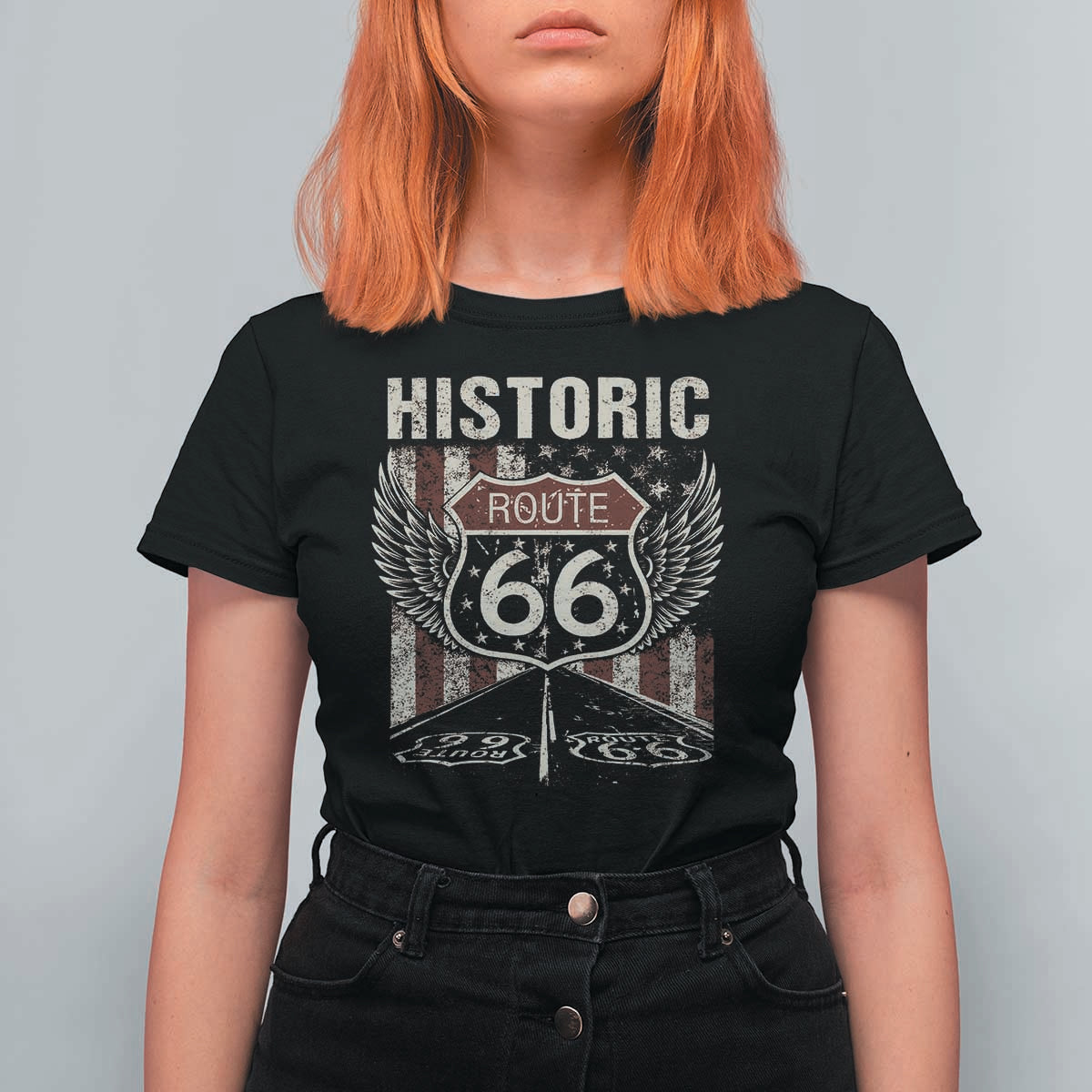 Historic Route Highway 66 T Shirt For Women Vintage American Flag