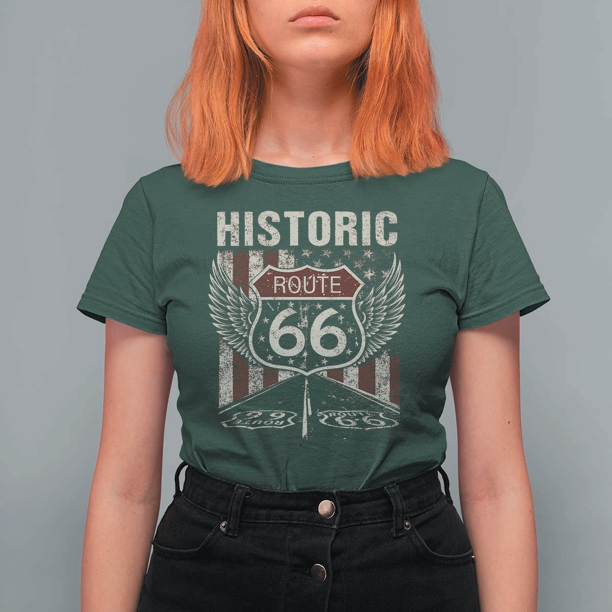 Historic Route Highway 66 T Shirt For Women Vintage American Flag