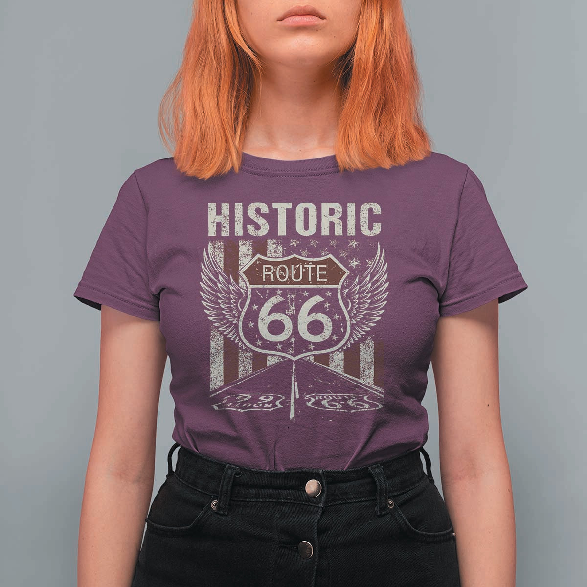 Historic Route Highway 66 T Shirt For Women Vintage American Flag