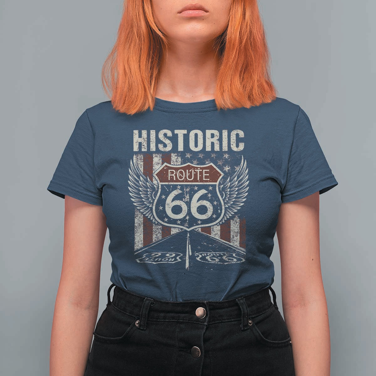 Historic Route Highway 66 T Shirt For Women Vintage American Flag