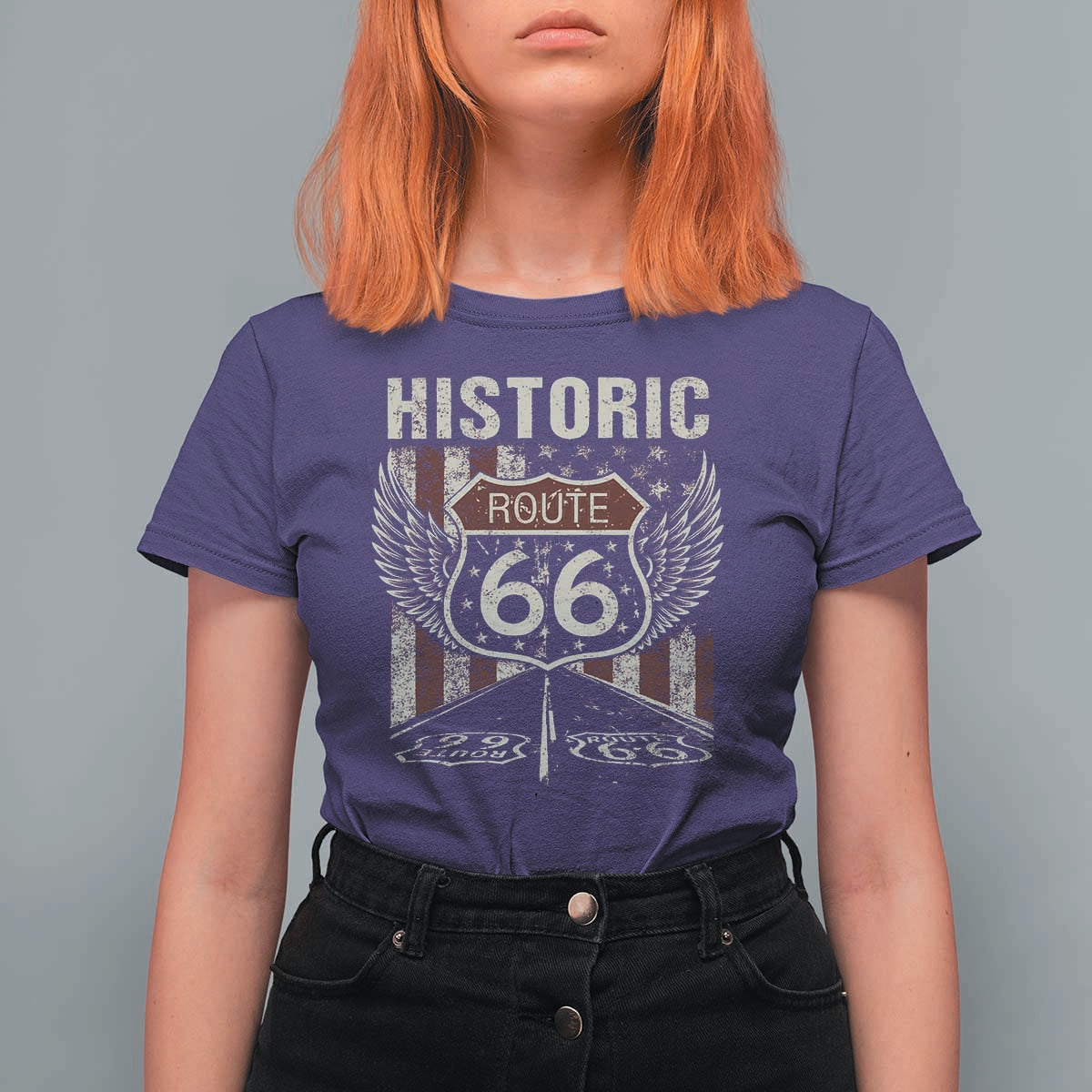 Historic Route Highway 66 T Shirt For Women Vintage American Flag