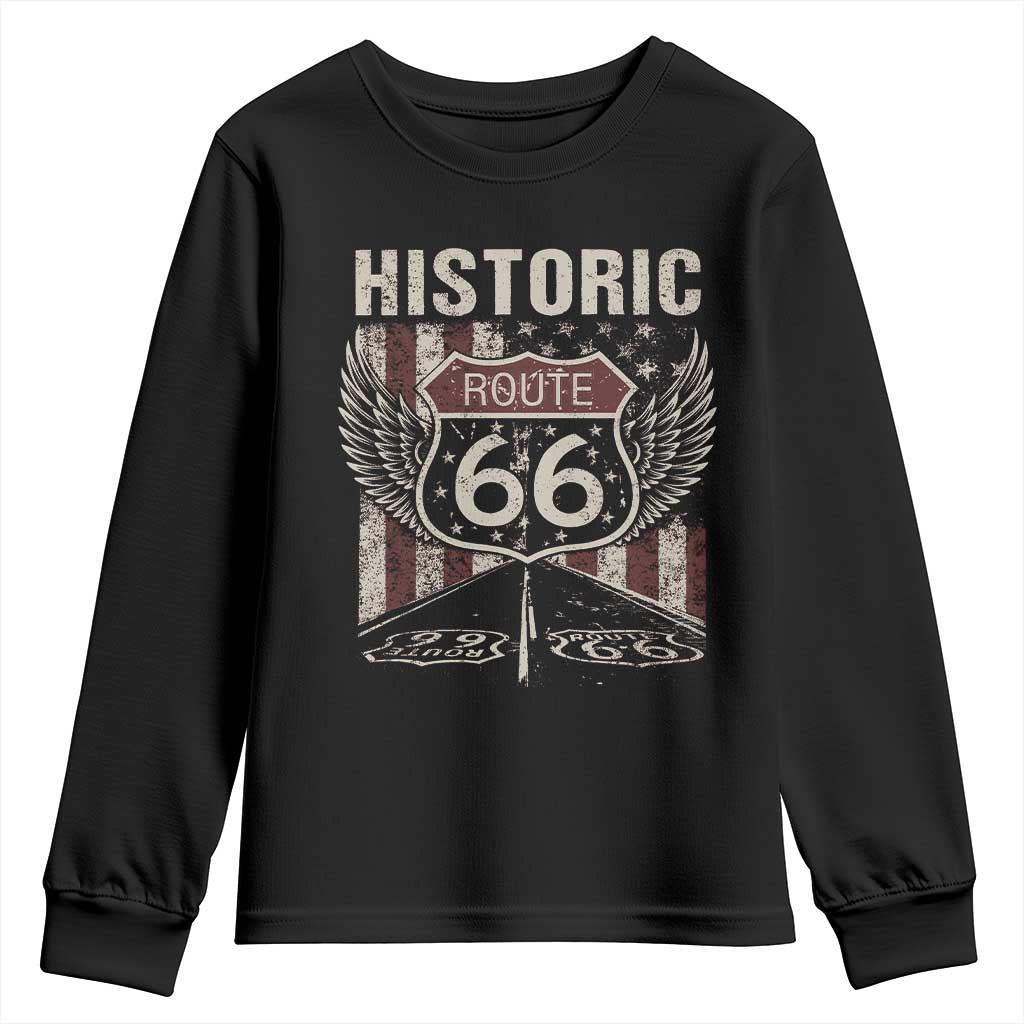 Historic Route Highway 66 Youth Sweatshirt Vintage American Flag