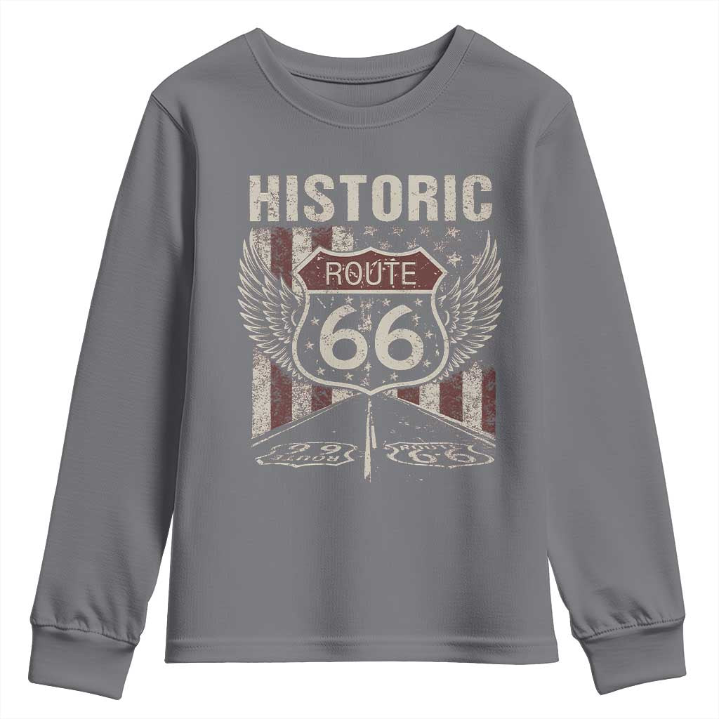 Historic Route Highway 66 Youth Sweatshirt Vintage American Flag