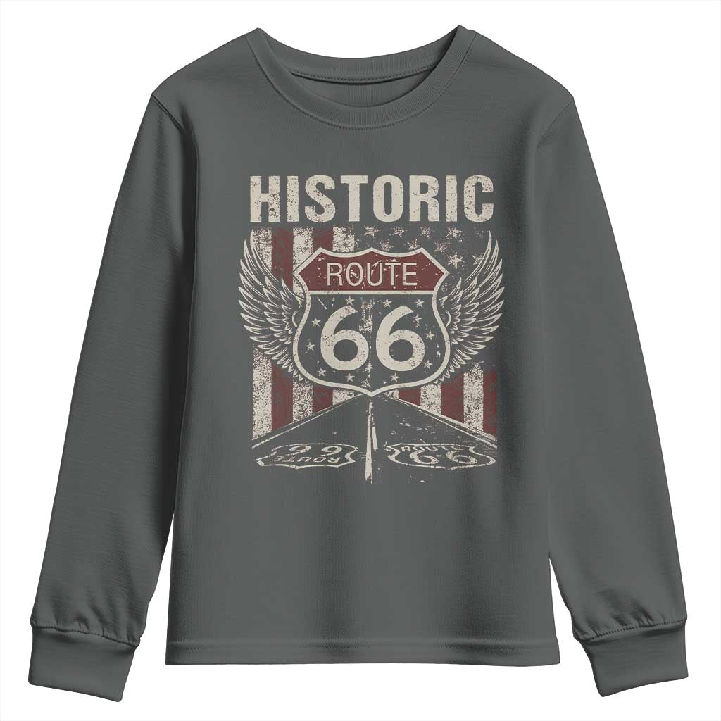 Historic Route Highway 66 Youth Sweatshirt Vintage American Flag