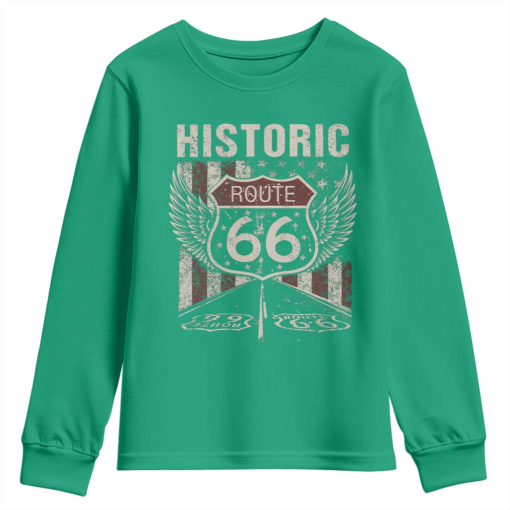 Historic Route Highway 66 Youth Sweatshirt Vintage American Flag