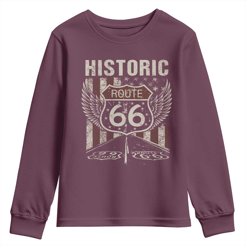 Historic Route Highway 66 Youth Sweatshirt Vintage American Flag