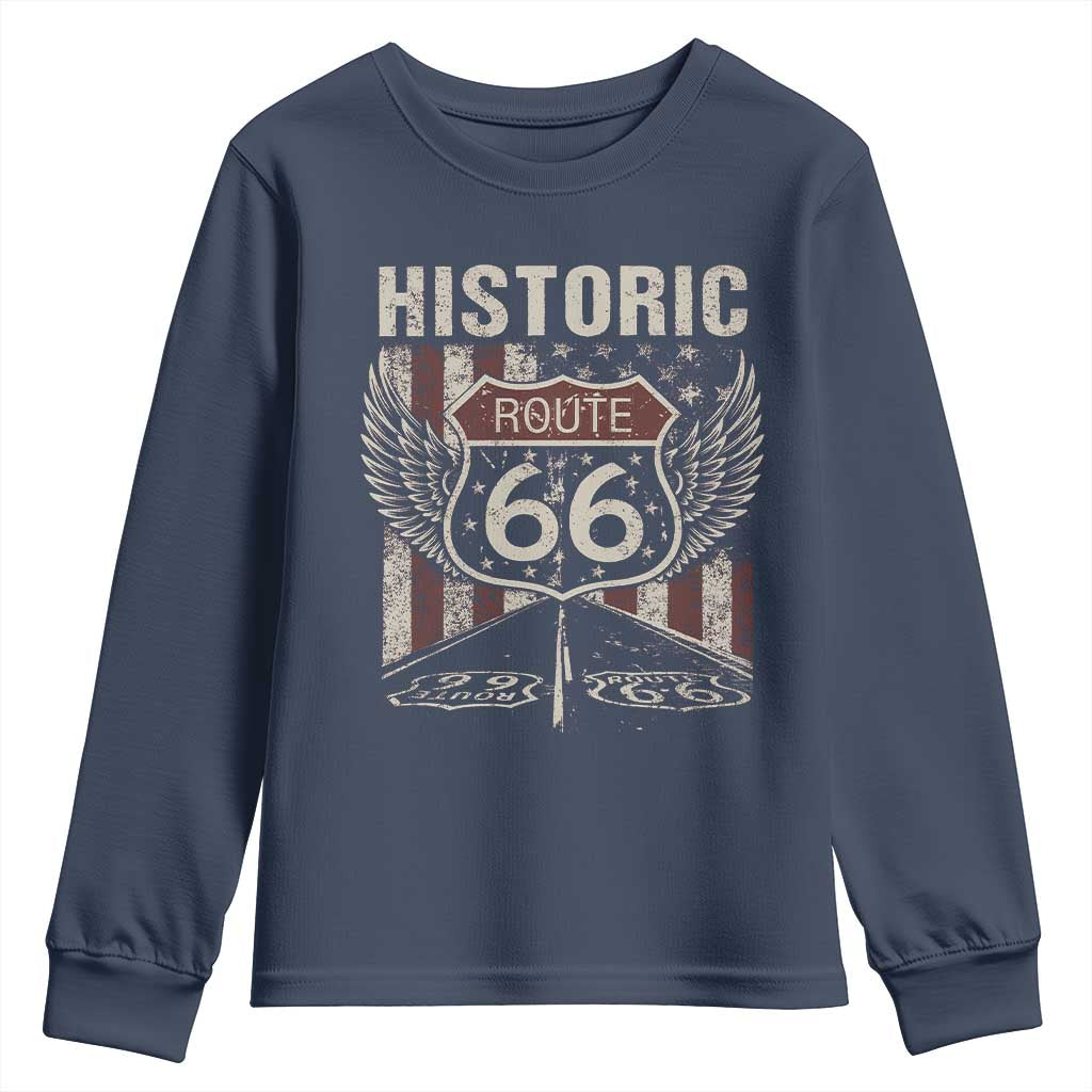 Historic Route Highway 66 Youth Sweatshirt Vintage American Flag