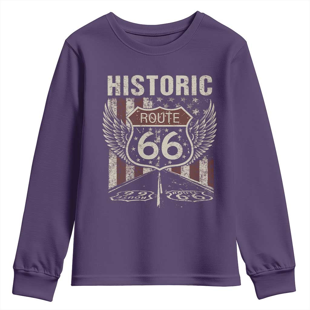 Historic Route Highway 66 Youth Sweatshirt Vintage American Flag