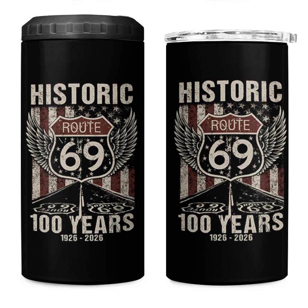 Historic US Route 69 100 Years Anniversary 4 in 1 Can Cooler Tumbler Highway Road Sign Wings Vintage American Flag
