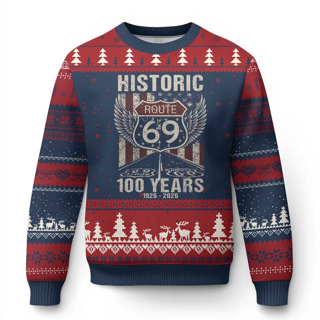 Historic US Route 69 100 Years Anniversary Ugly Christmas Sweater Highway Road Sign Wings Vintage American Flag