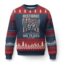 Historic US Route 69 100 Years Anniversary Ugly Christmas Sweater Highway Road Sign Wings Vintage American Flag