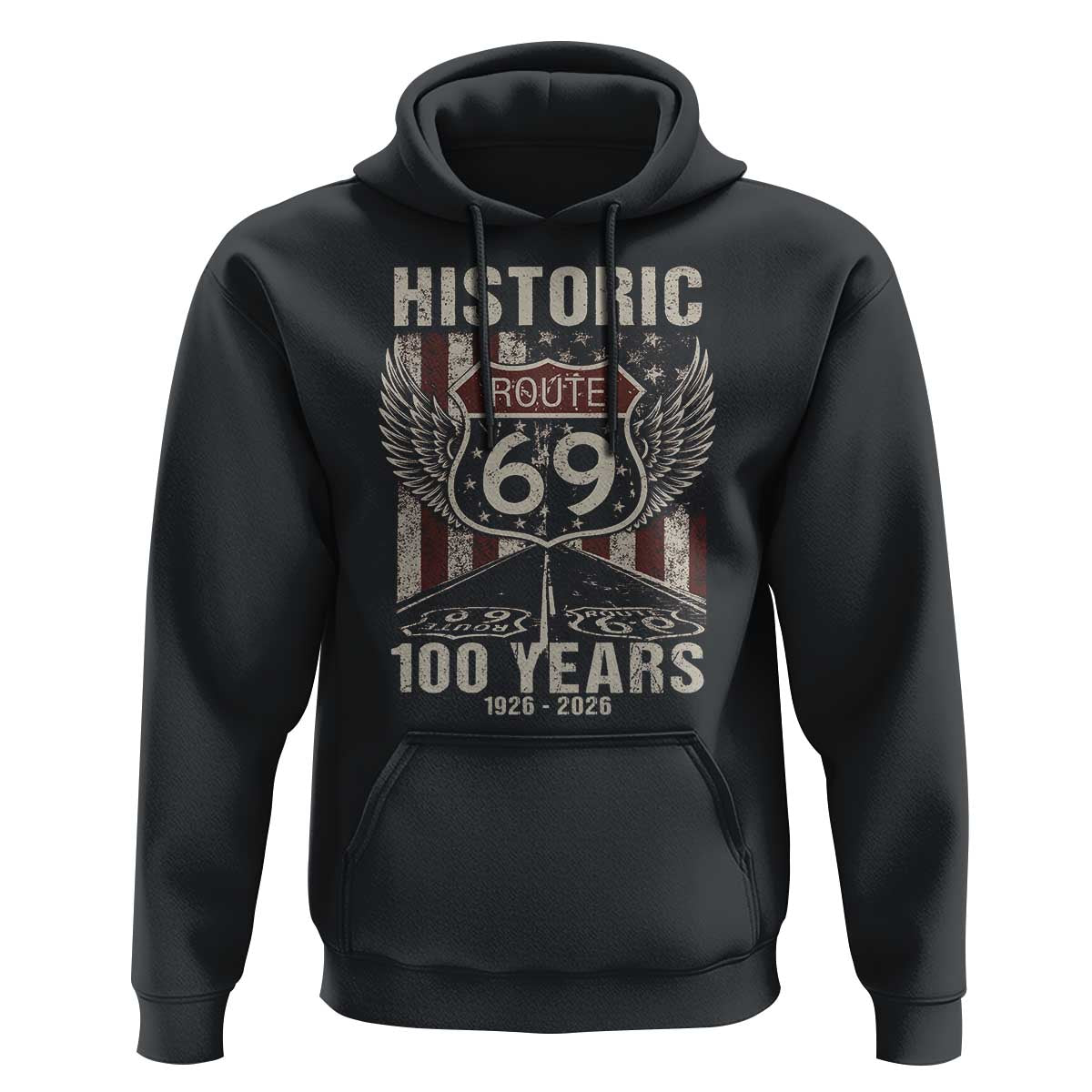 Historic US Route 69 100 Years Anniversary Hoodie Highway Road Sign Wings Vintage American Flag