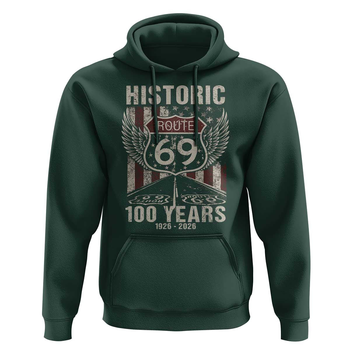 Historic US Route 69 100 Years Anniversary Hoodie Highway Road Sign Wings Vintage American Flag