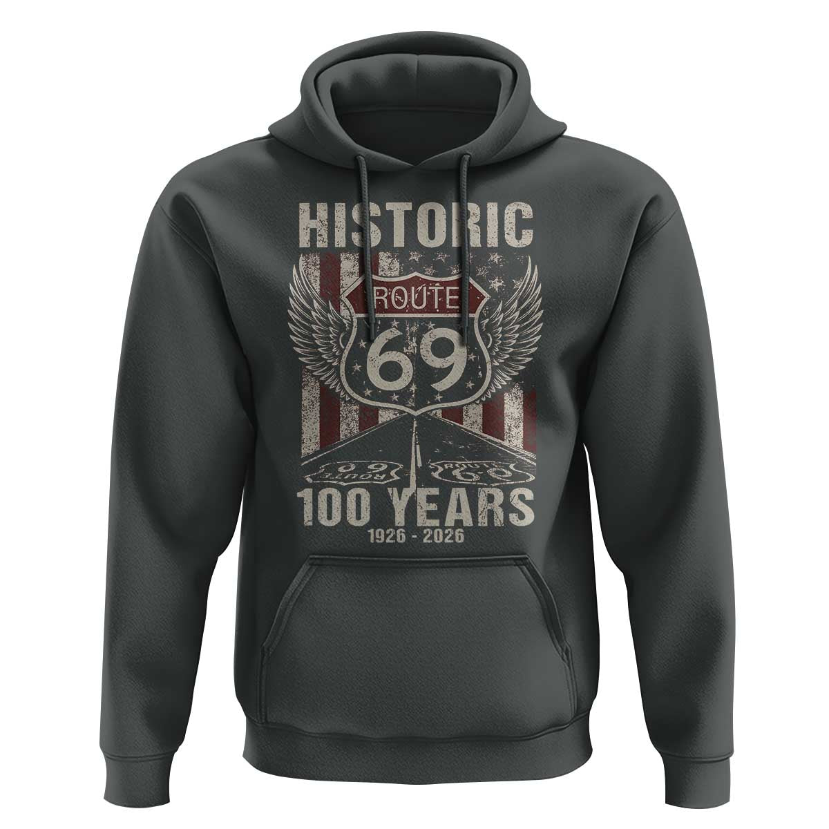 Historic US Route 69 100 Years Anniversary Hoodie Highway Road Sign Wings Vintage American Flag