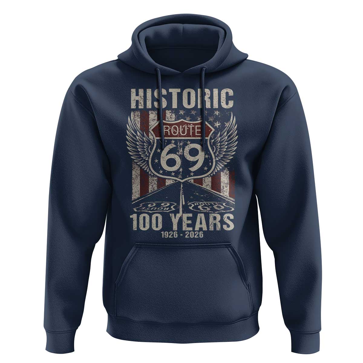 Historic US Route 69 100 Years Anniversary Hoodie Highway Road Sign Wings Vintage American Flag