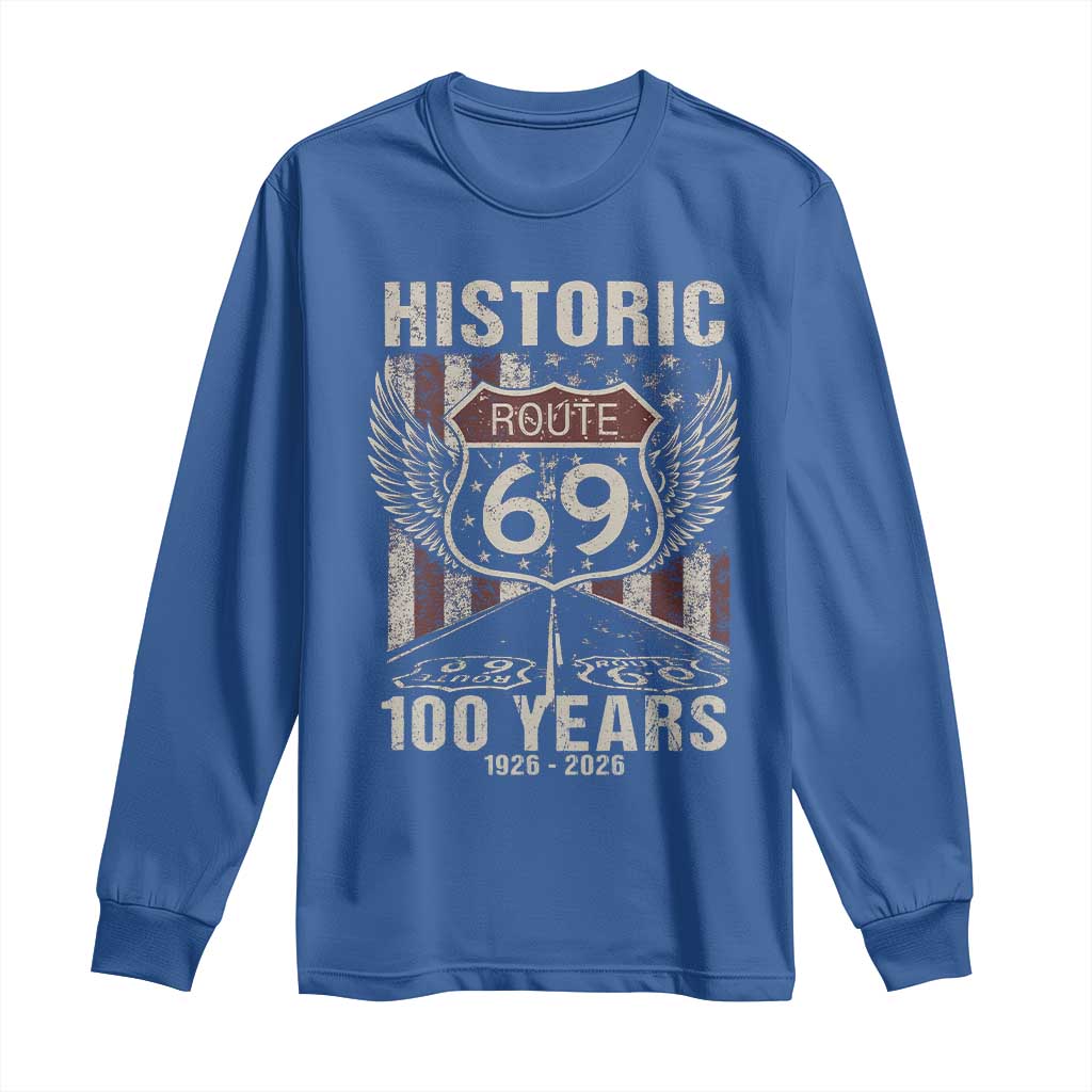 Historic US Route 69 100 Years Anniversary Long Sleeve Shirt Highway Road Sign Wings Vintage American Flag