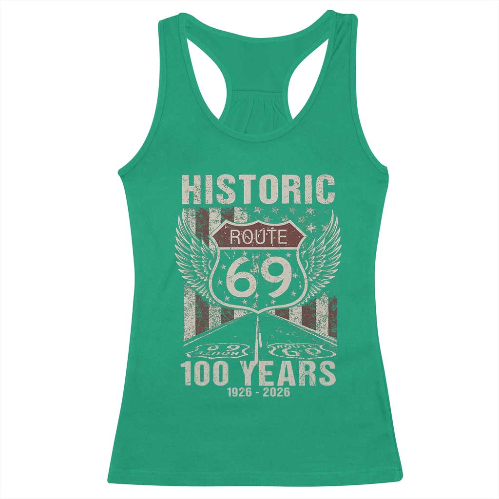 Historic US Route 69 100 Years Anniversary Racerback Tank Top Highway Road Sign Wings Vintage American Flag