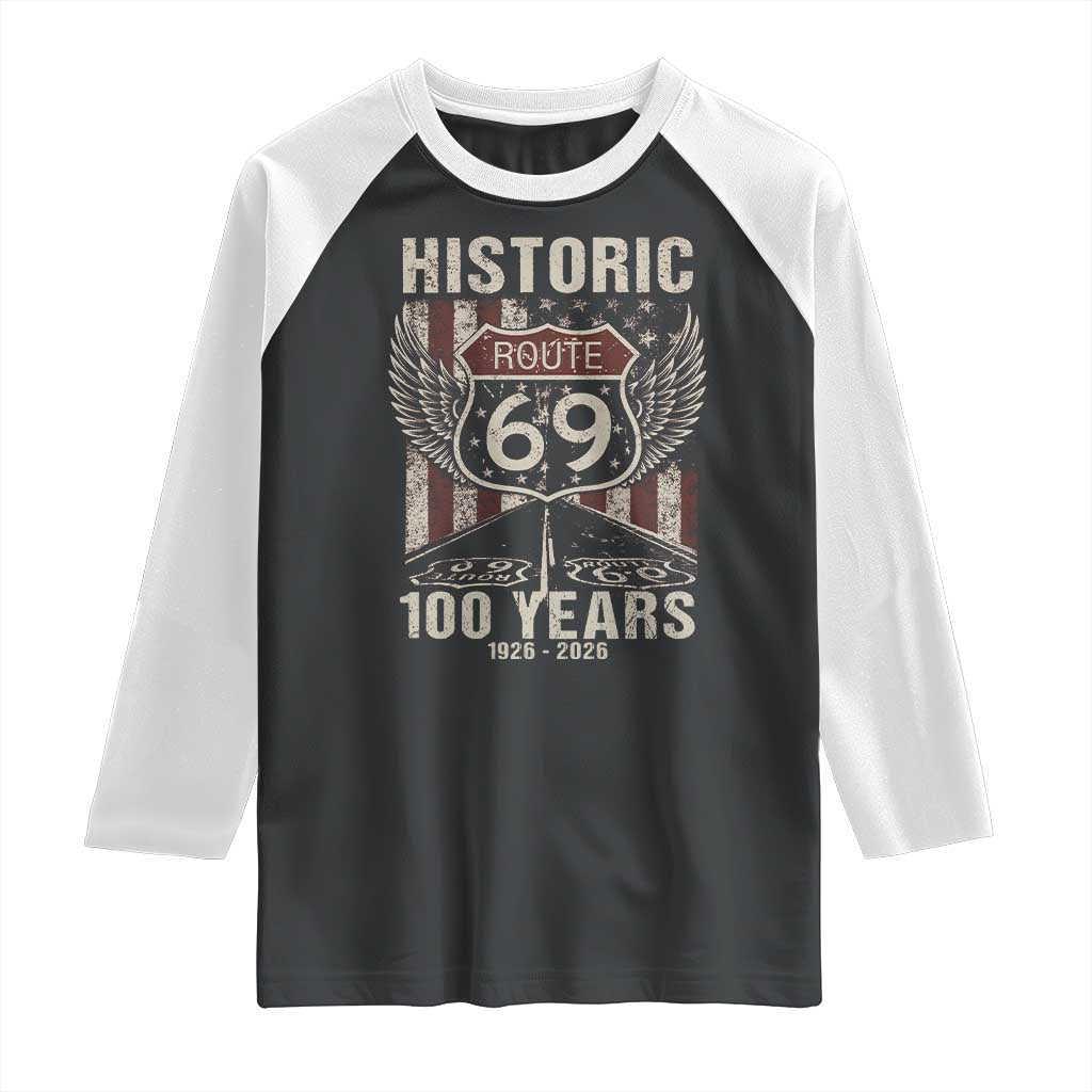 Historic US Route 69 100 Years Anniversary Raglan Shirt Highway Road Sign Wings Vintage American Flag