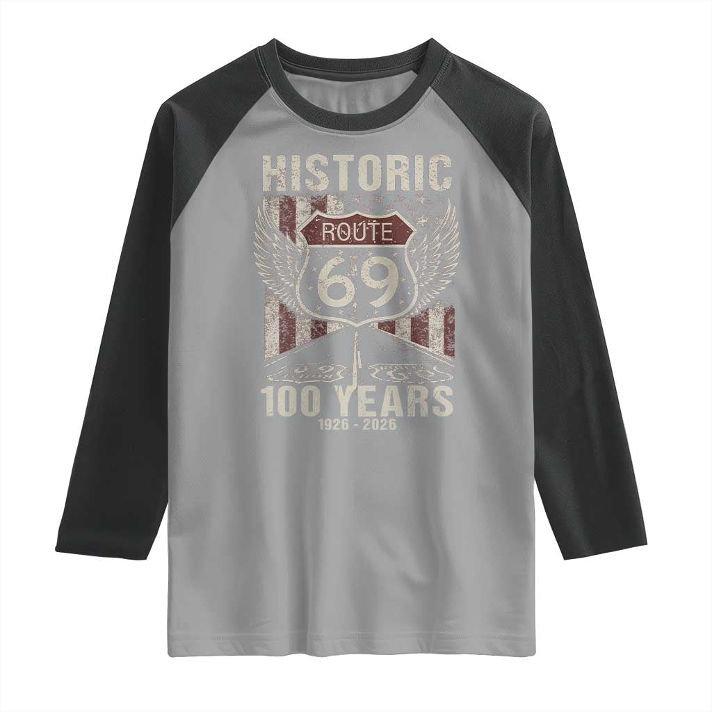 Historic US Route 69 100 Years Anniversary Raglan Shirt Highway Road Sign Wings Vintage American Flag