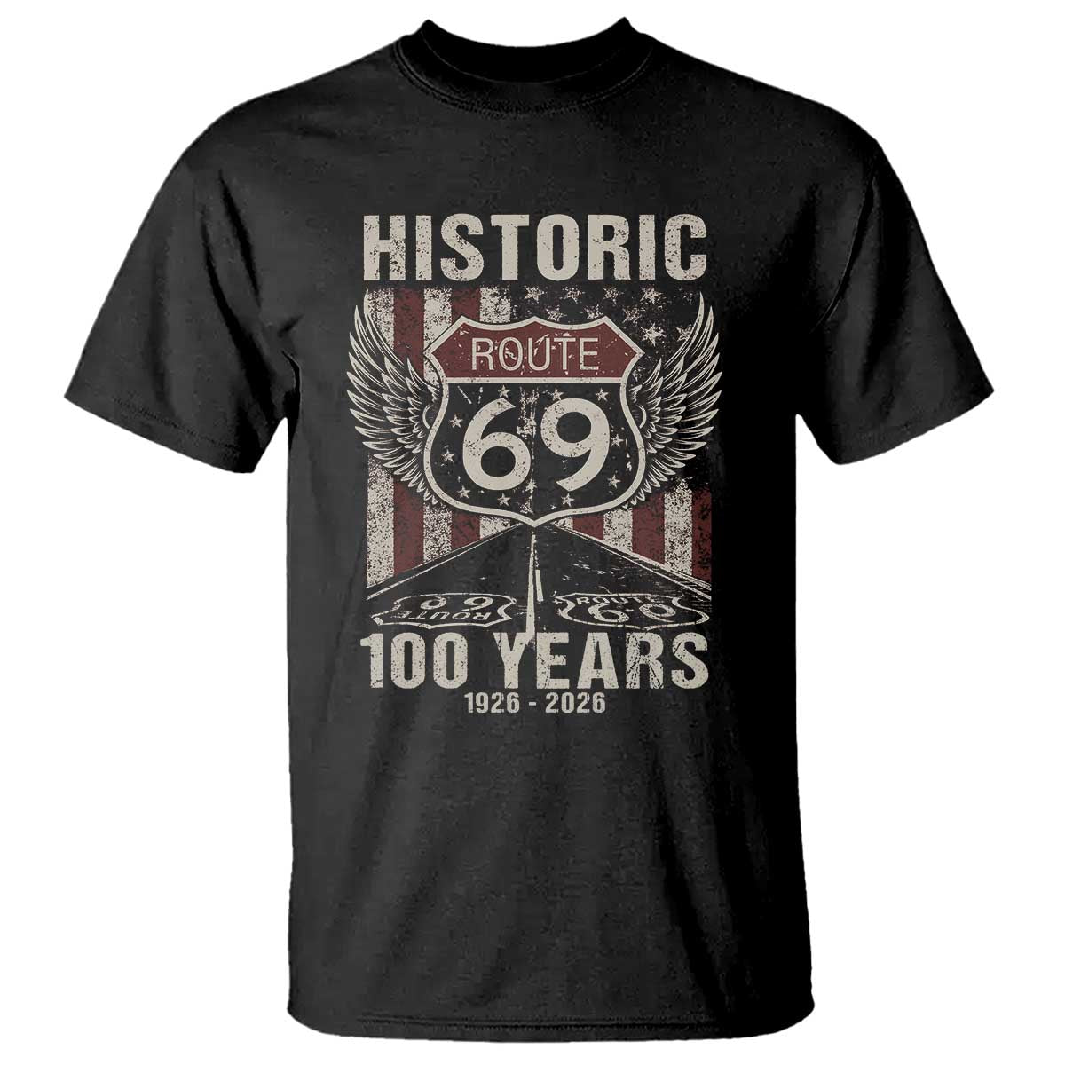 Historic US Route 69 100 Years Anniversary T Shirt Highway Road Sign Wings Vintage American Flag