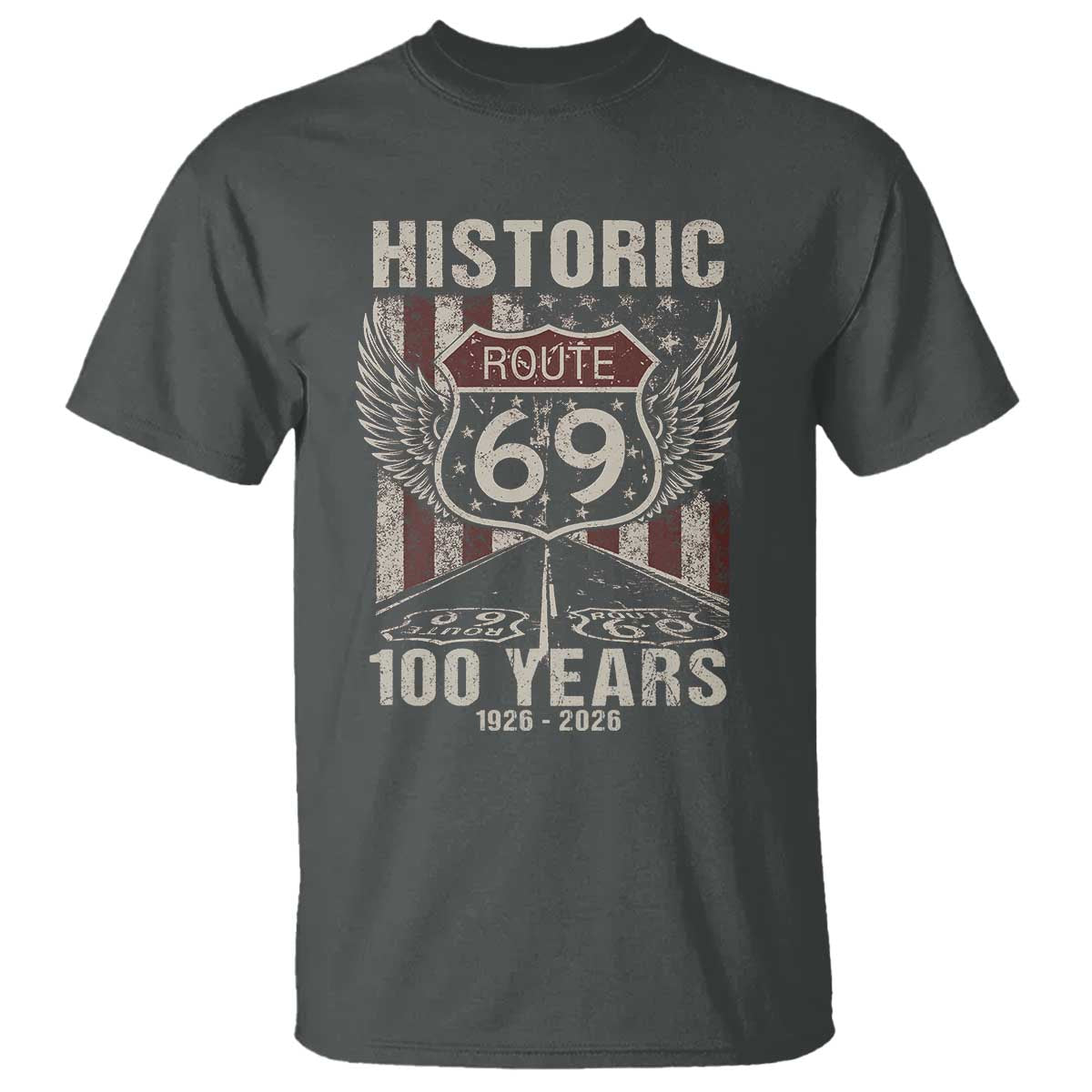 Historic US Route 69 100 Years Anniversary T Shirt Highway Road Sign Wings Vintage American Flag