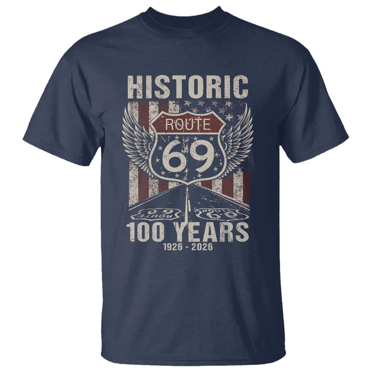 Historic US Route 69 100 Years Anniversary T Shirt Highway Road Sign Wings Vintage American Flag