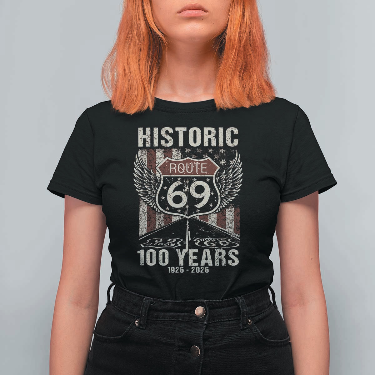 Historic US Route 69 100 Years Anniversary T Shirt For Women Highway Road Sign Wings Vintage American Flag