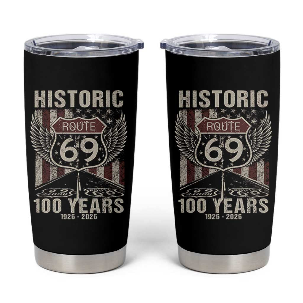 Historic US Route 69 100 Years Anniversary Tumbler Cup Highway Road Sign Wings Vintage American Flag