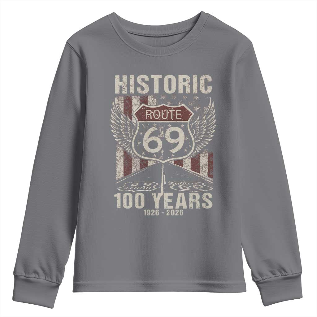 Historic US Route 69 100 Years Anniversary Youth Sweatshirt Highway Road Sign Wings Vintage American Flag