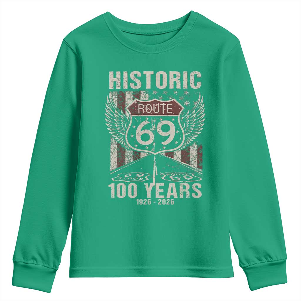 Historic US Route 69 100 Years Anniversary Youth Sweatshirt Highway Road Sign Wings Vintage American Flag