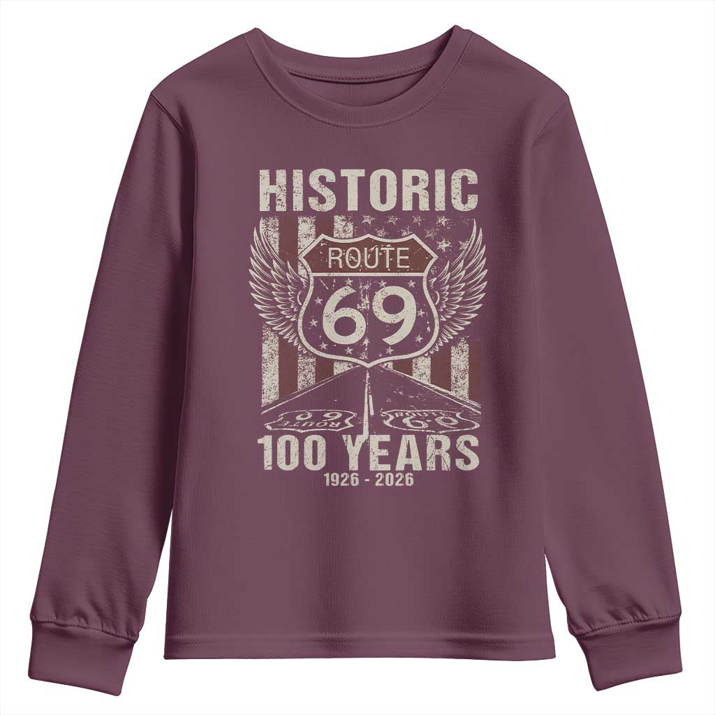 Historic US Route 69 100 Years Anniversary Youth Sweatshirt Highway Road Sign Wings Vintage American Flag
