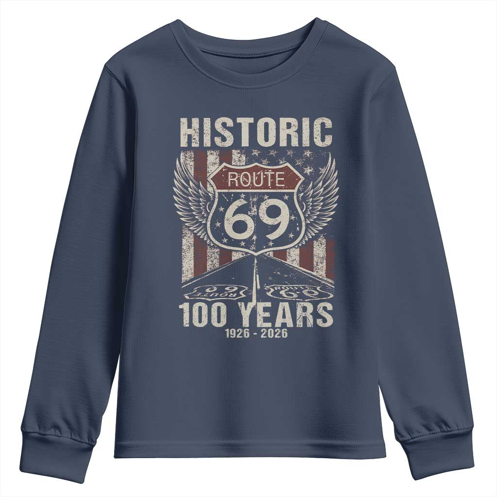 Historic US Route 69 100 Years Anniversary Youth Sweatshirt Highway Road Sign Wings Vintage American Flag