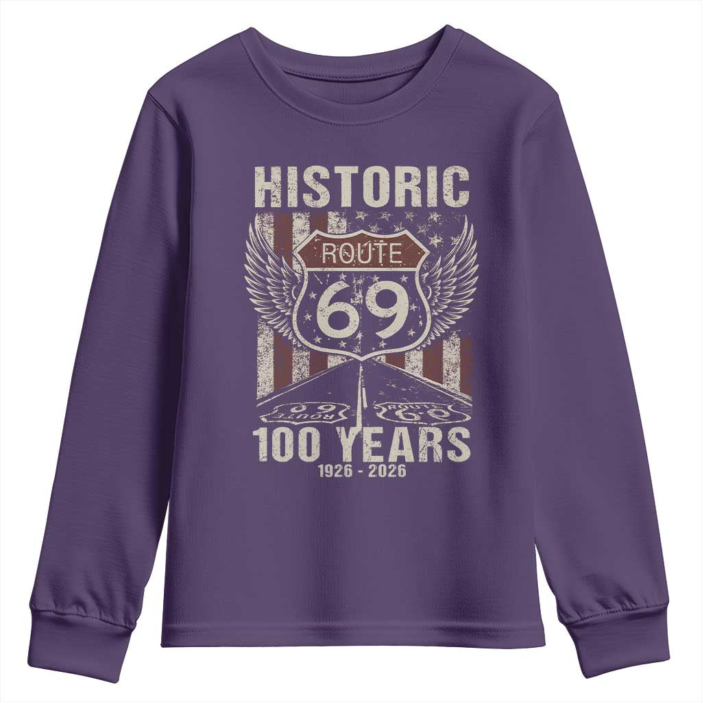 Historic US Route 69 100 Years Anniversary Youth Sweatshirt Highway Road Sign Wings Vintage American Flag