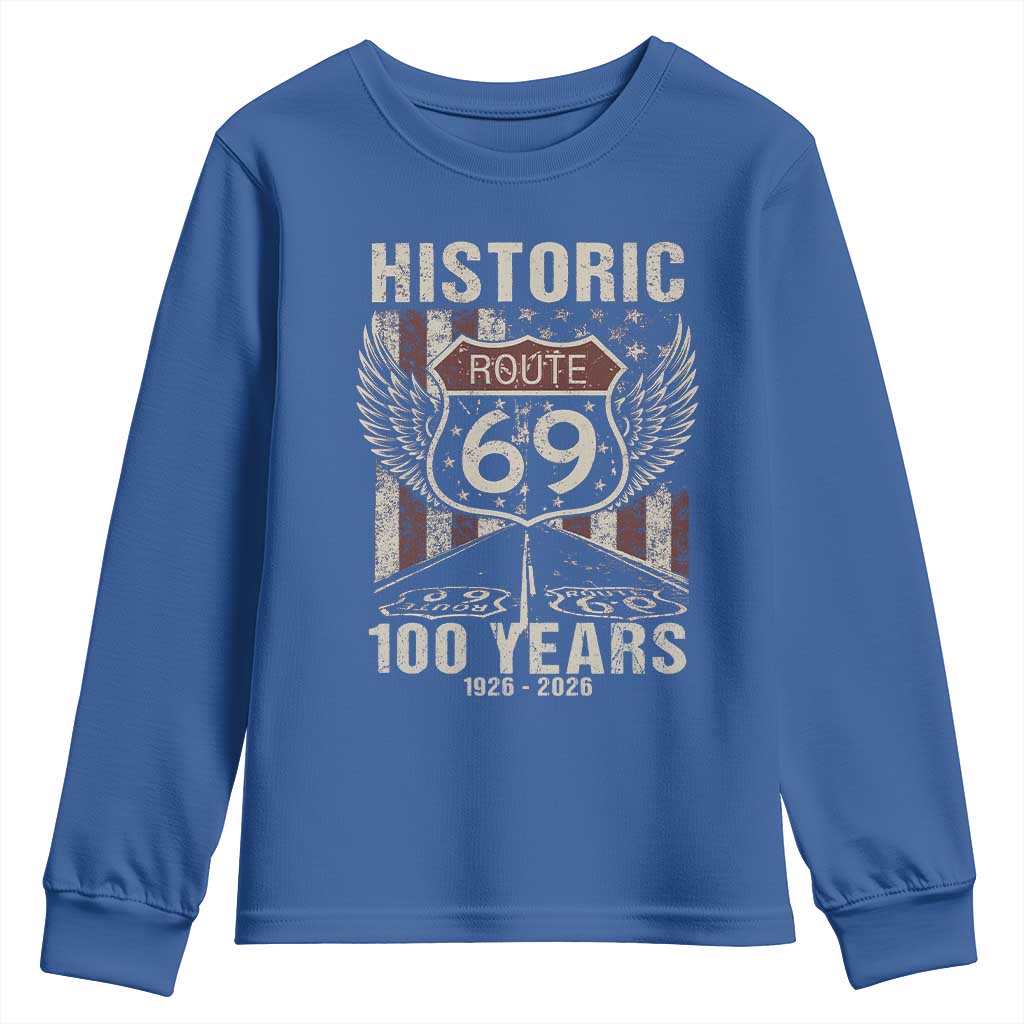 Historic US Route 69 100 Years Anniversary Youth Sweatshirt Highway Road Sign Wings Vintage American Flag