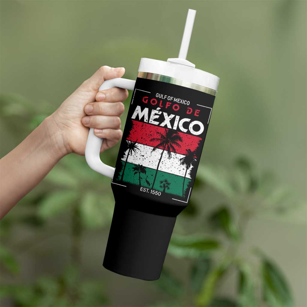 Golfo De Mexico EST 1550 Tumbler With Handle Vintage Mexican Flag Palm Tree