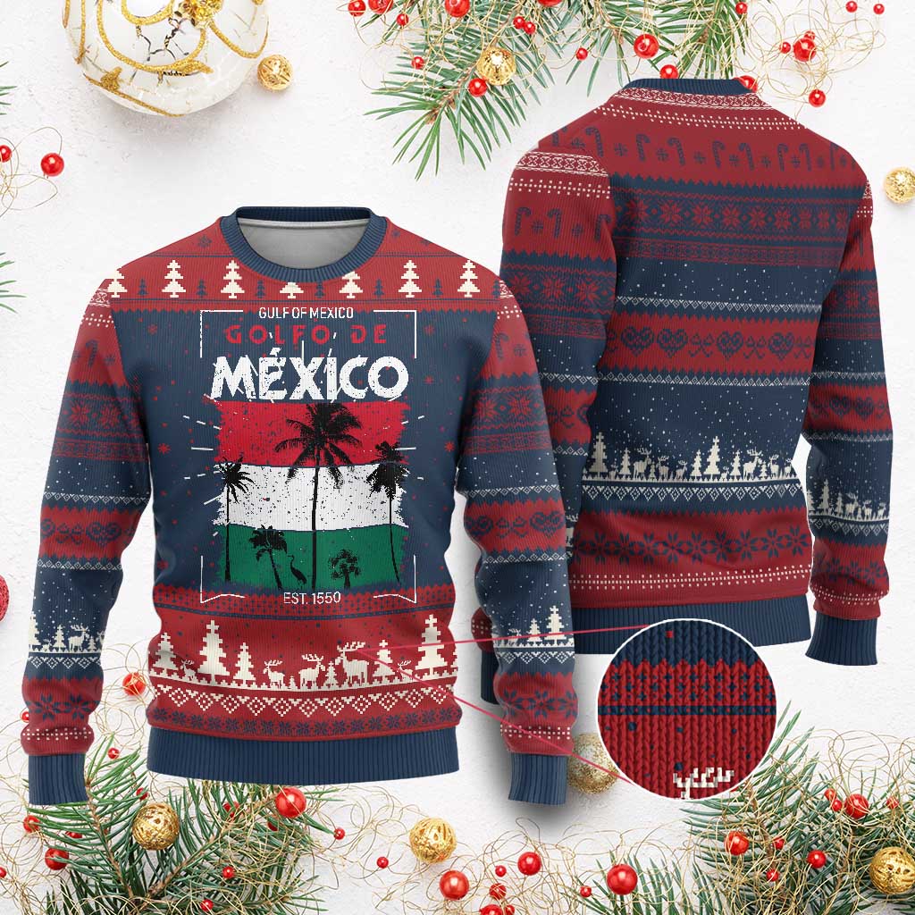 Golfo De Mexico EST 1550 Knitted Sweatshirt Vintage Mexican Flag Palm Tree - Wonder Print Shop