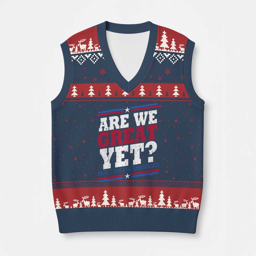 Are We Great Yet Cause I Just Feel Embarrassed V-Neck Knit Sweater Vest Vintage Stripes - Wonder Print Shop