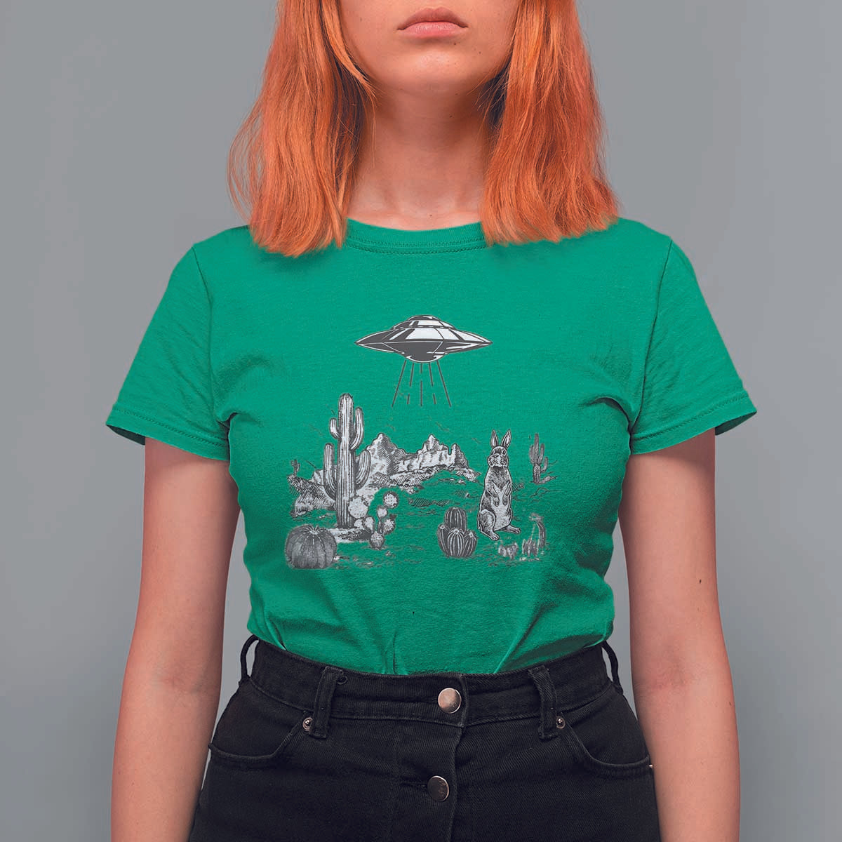 Funny Western Easter Day UFO Bunny Alien T Shirt For Women