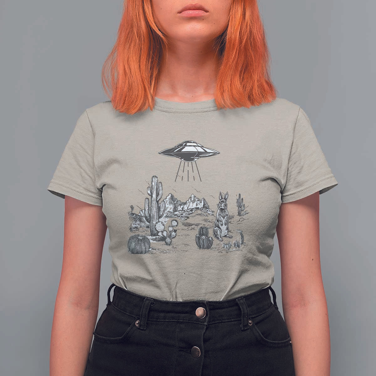 Funny Western Easter Day UFO Bunny Alien T Shirt For Women