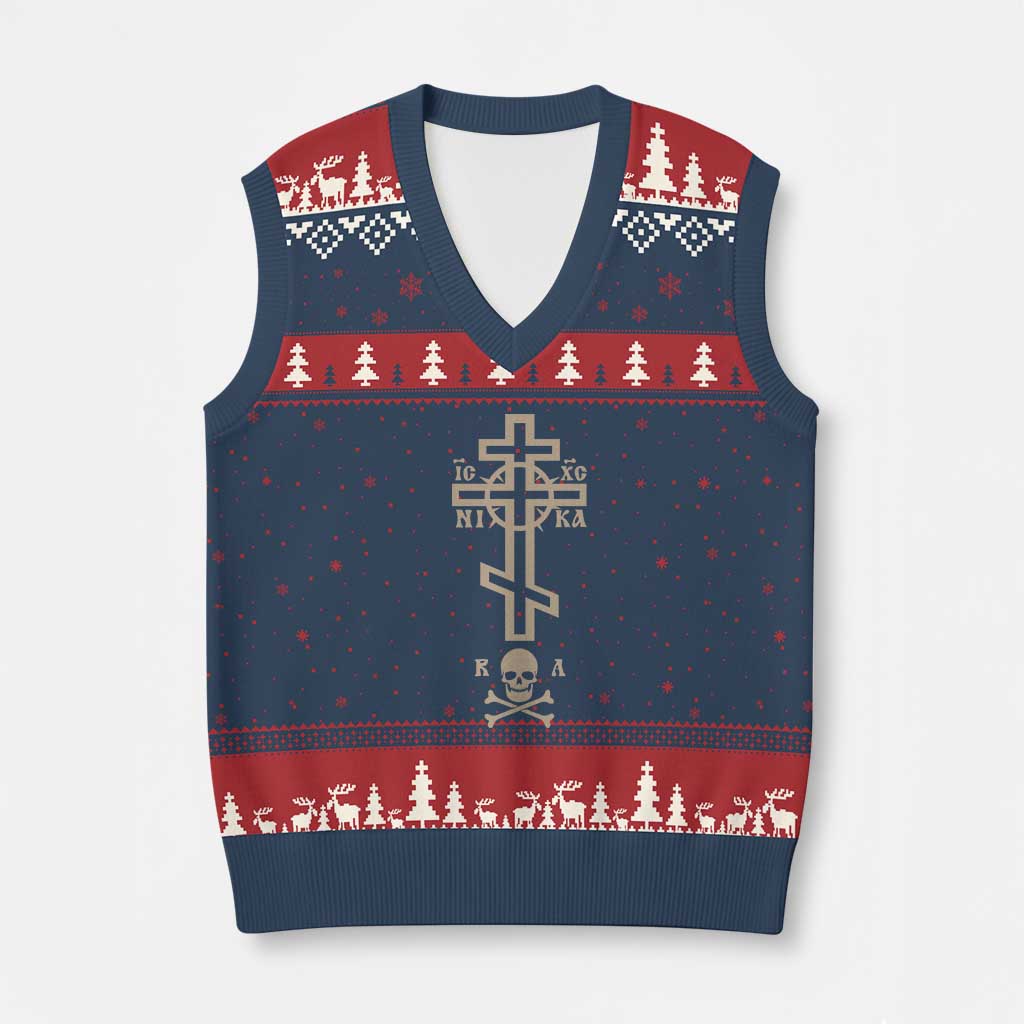 Orthodox Christian V-Neck Knit Sweater Vest Vintage Orthodox Cross With Skull of Adam - Wonder Print Shop