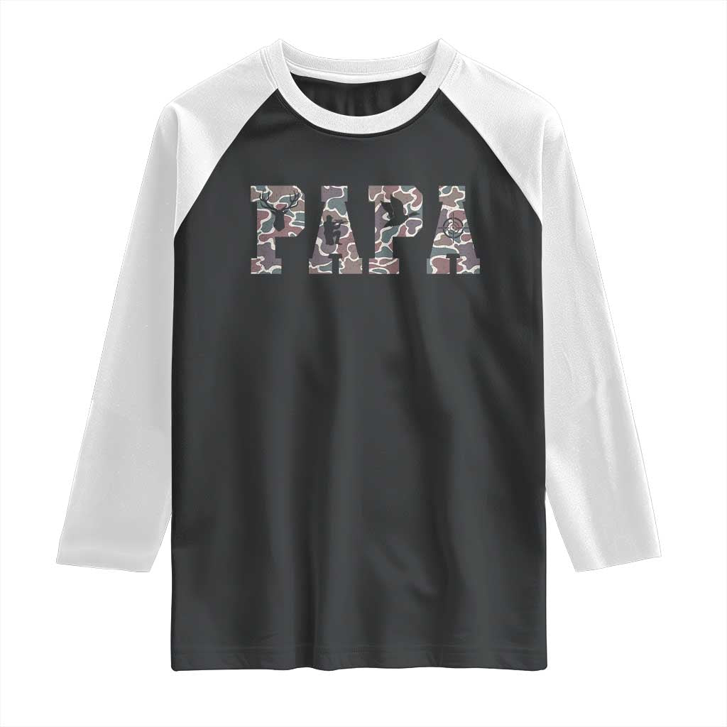 Funny Papa Hunting Raglan Shirt Deer Hunter Father's Day Camouflage Flag