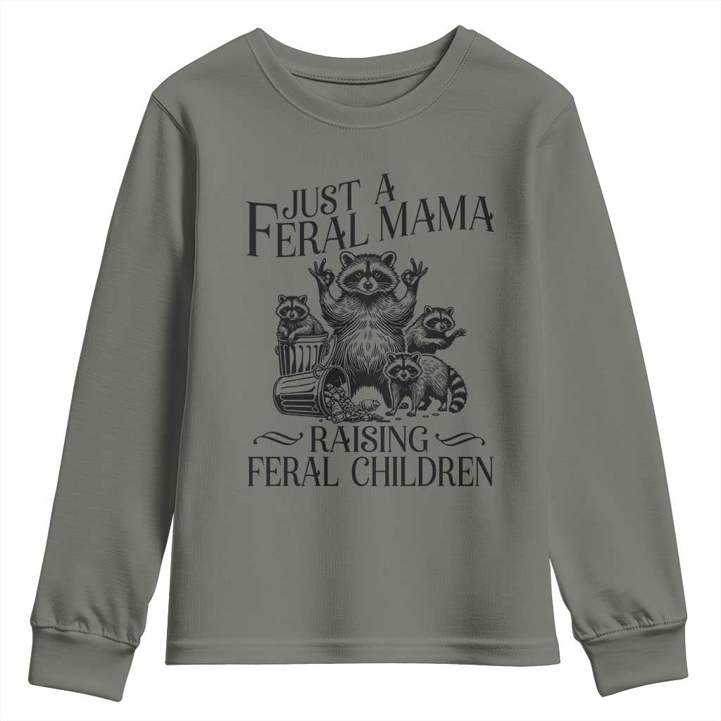 Funny Just A Feral Mama Raising Feral Children Youth Sweatshirt Raccoon Mother's Day TS11