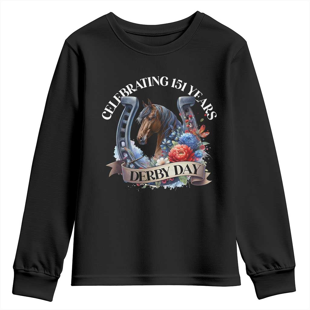 Celebrating 151 Years Derby Day Youth Sweatshirt Horse Racing Horseshoe Flowers