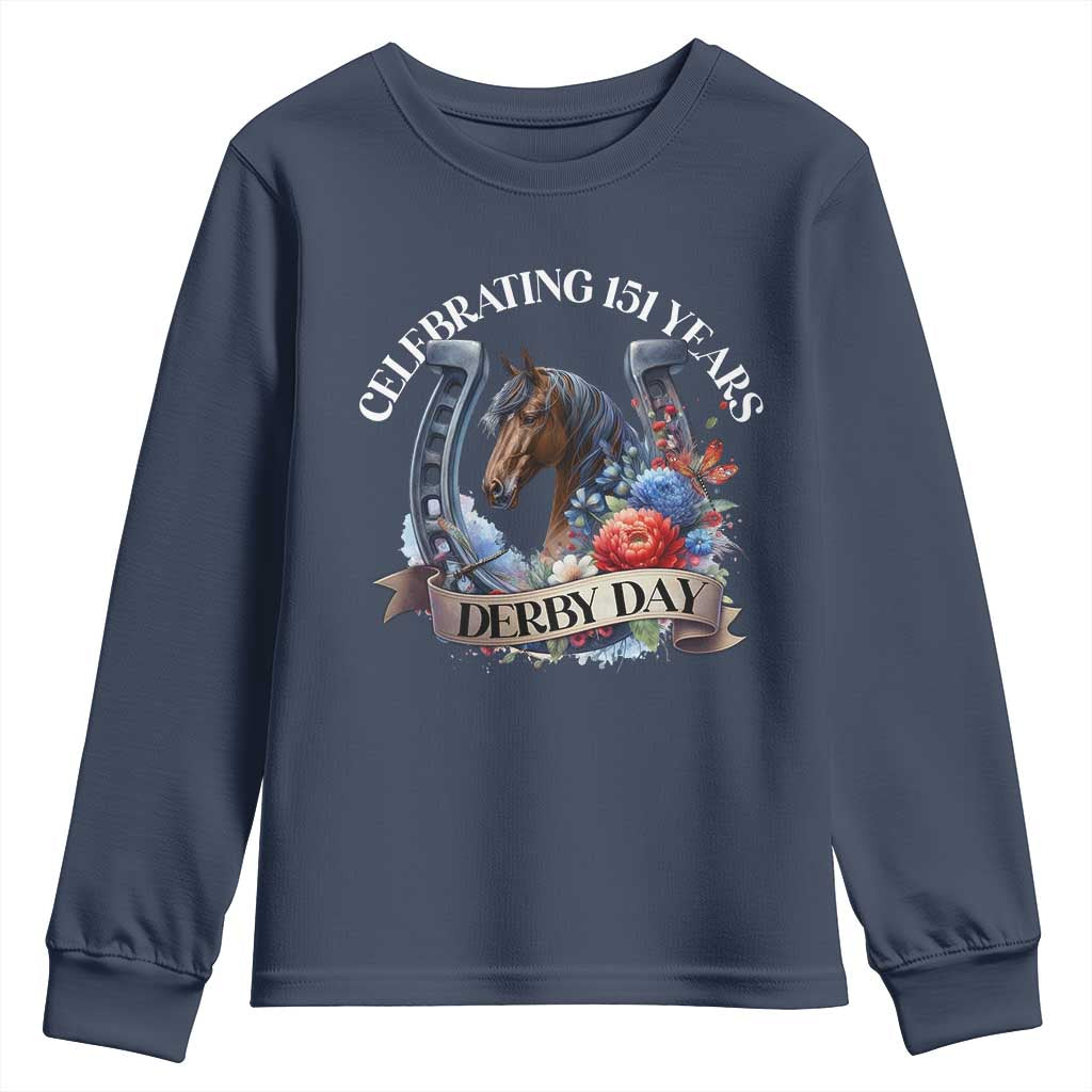 Celebrating 151 Years Derby Day Youth Sweatshirt Horse Racing Horseshoe Flowers