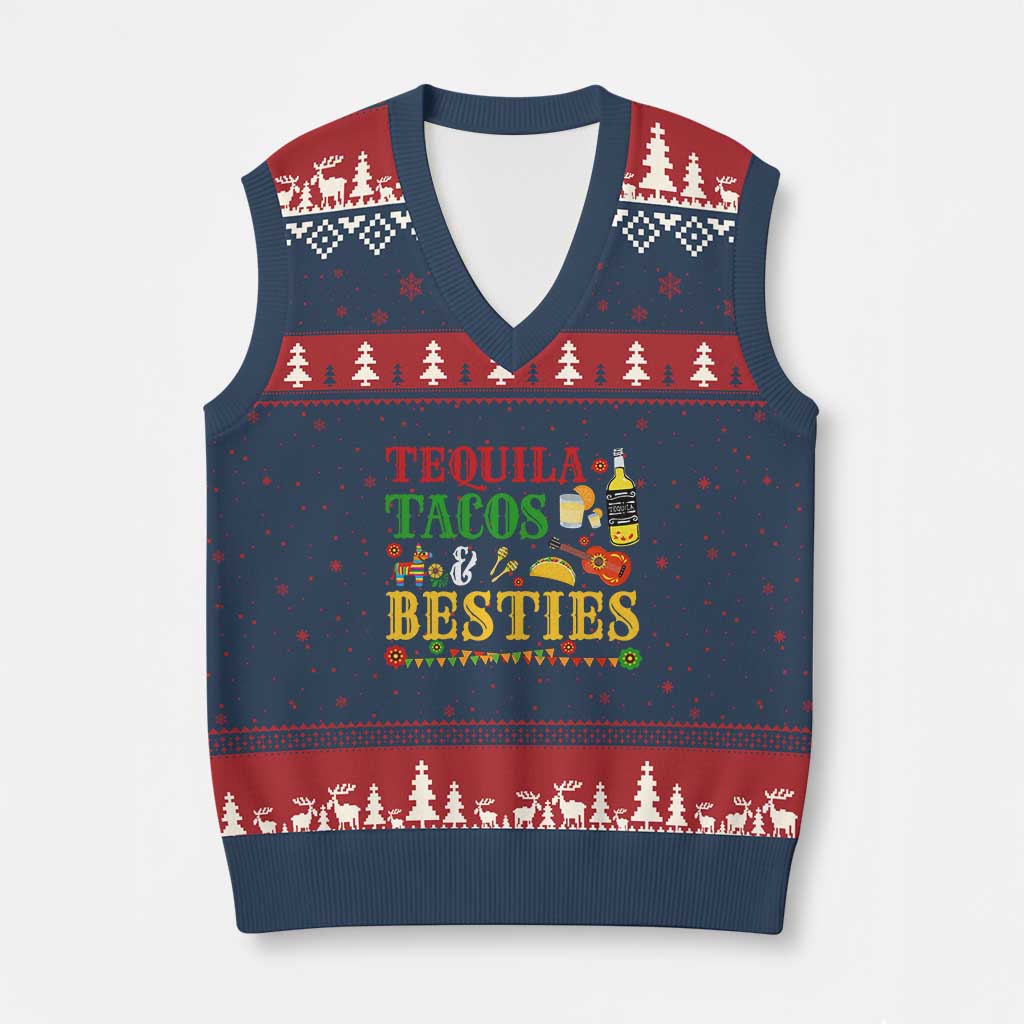 Tequila Tacos And Besties V-Neck Knit Sweater Vest Funny Mexican Fiesta Cinco De Mayo