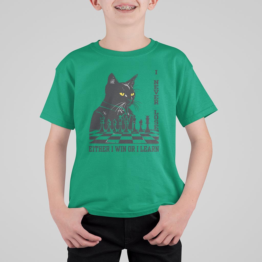 Chess Lover T Shirt For Kid I Never Lose Either I Win Or I Learn Elegant Cool Cat - Wonder Print Shop