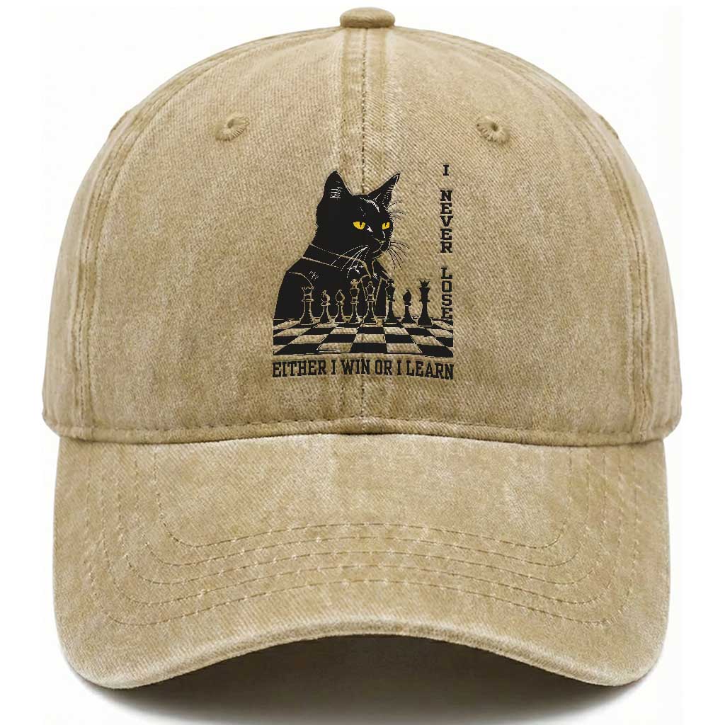 Chess Lover Washed Cotton Baseball Cap I Never Lose Either I Win Or I Learn Elegant Cool Cat