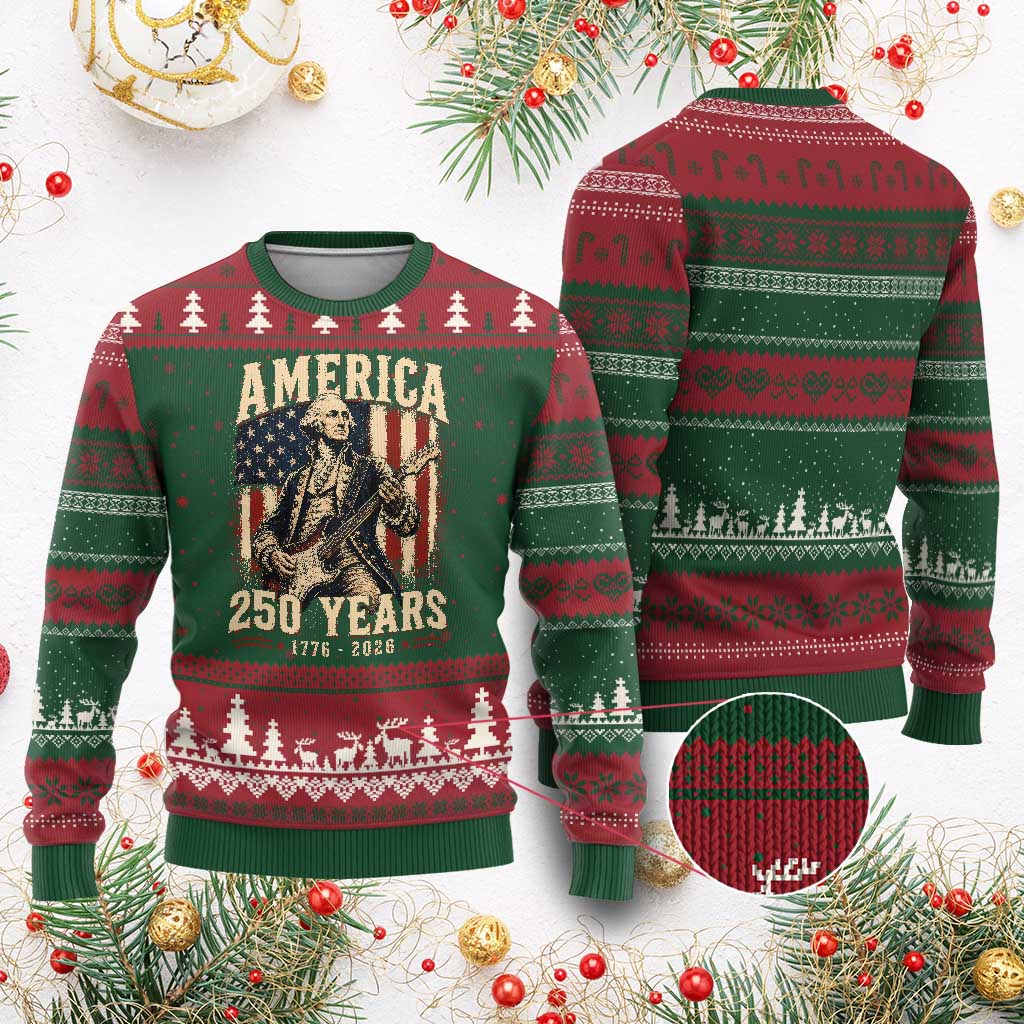 George Washington Playing Guitar 4th July US 250th Anniversary Ugly Christmas Sweater