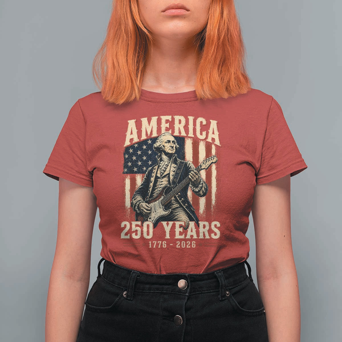 George Washington Playing Guitar 4th July US 250th Anniversary T Shirt For Women